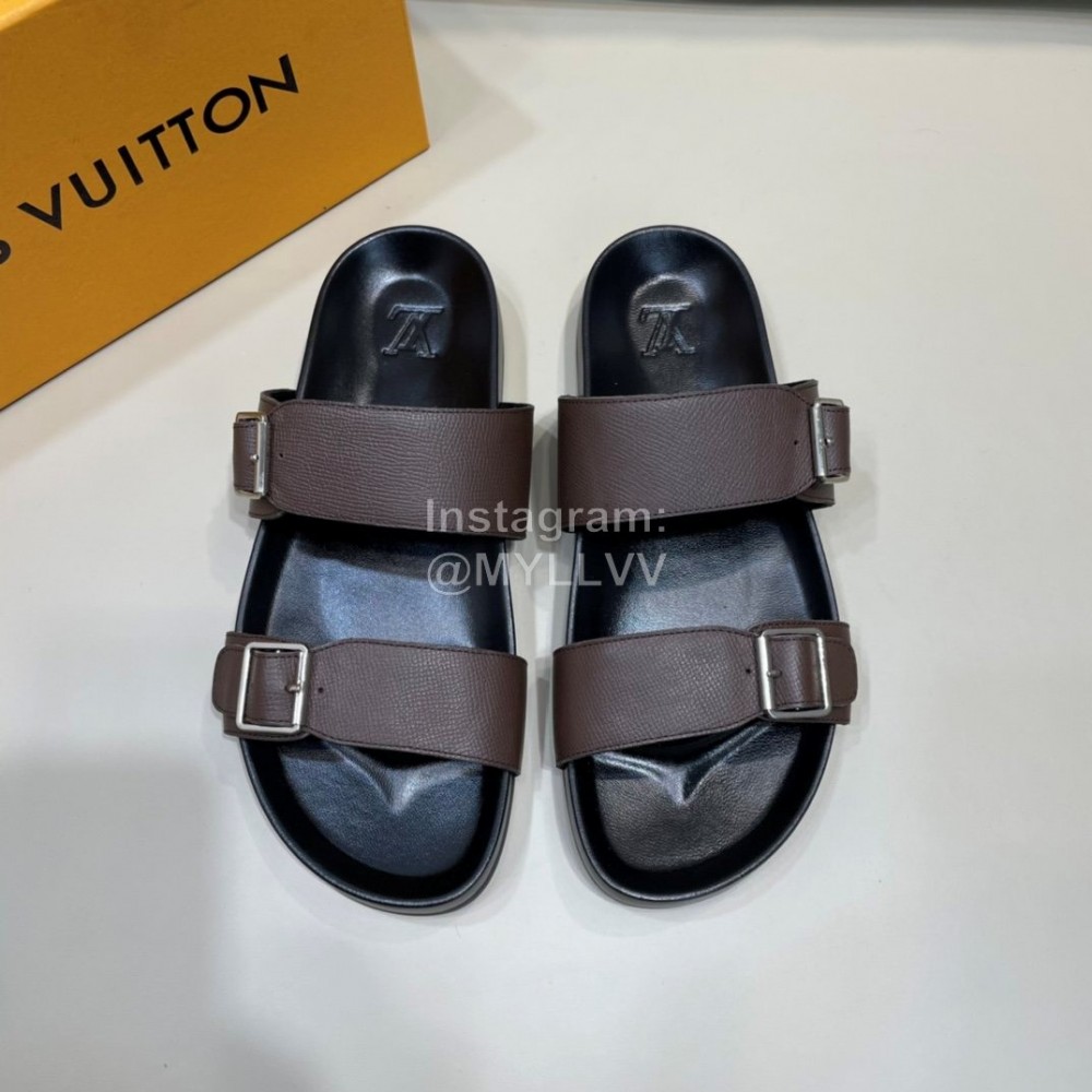 LV Summer Leather Slippers For Men Coffee