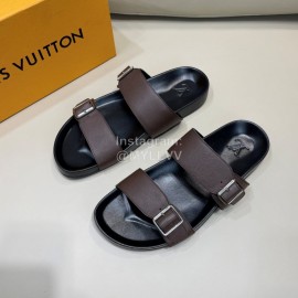 LV Summer Leather Slippers For Men Coffee
