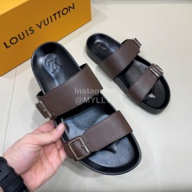 LV Summer Leather Slippers For Men Coffee