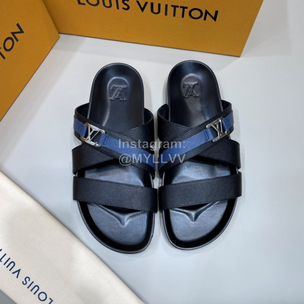 LV Summer Calf Leather Casual Slippers For Men Blue