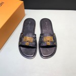 LV Antique Bronze Padlock Cowhide Slippers For Men Black