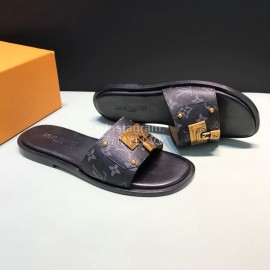 LV Antique Bronze Padlock Cowhide Slippers For Men Black