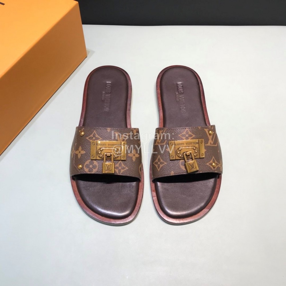 LV Antique Bronze Padlock Cowhide Slippers For Men Brown
