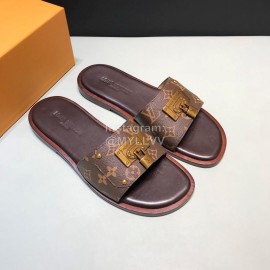 LV Antique Bronze Padlock Cowhide Slippers For Men Brown