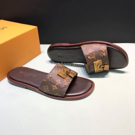 LV Antique Bronze Padlock Cowhide Slippers For Men Brown