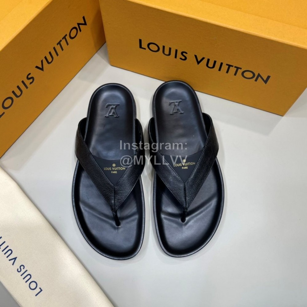 LV Black Calf Leather Flip Flops For Men 