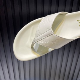 LV Summer Embossed Cowhide Flip Flops For Men White