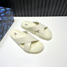 LV Summer Embossed Cowhide Cross Slippers For Men White