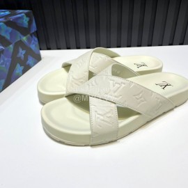 LV Summer Embossed Cowhide Cross Slippers For Men White