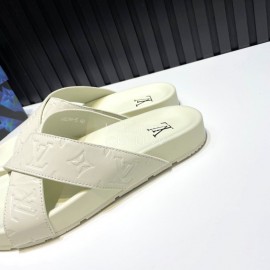 LV Summer Embossed Cowhide Cross Slippers For Men White