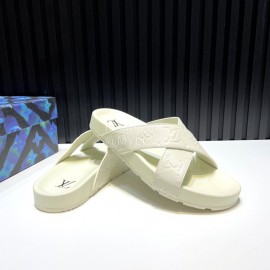 LV Summer Embossed Cowhide Cross Slippers For Men White