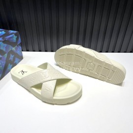 LV Summer Embossed Cowhide Cross Slippers For Men White