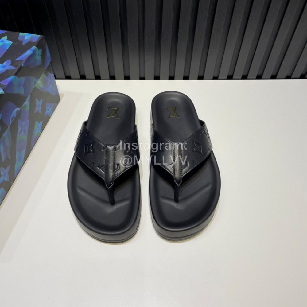 LV Summer Embossed Cowhide Flip Flops For Men Black
