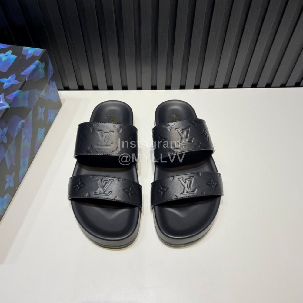 LV Summer Fashion Embossed Cowhide Slippers For Men Black