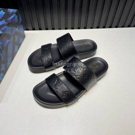 LV Summer Fashion Embossed Cowhide Slippers For Men Black