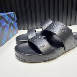 LV Summer Fashion Embossed Cowhide Slippers For Men Black