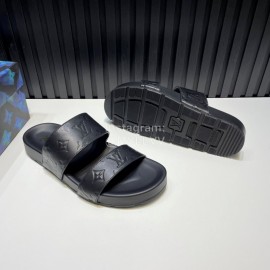 LV Summer Fashion Embossed Cowhide Slippers For Men Black