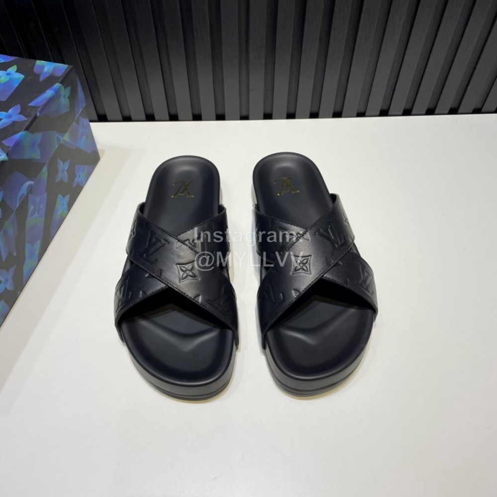 LV Summer Embossed Cowhide Cross Slippers For Men Black
