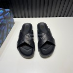 LV Summer Embossed Cowhide Cross Slippers For Men Black