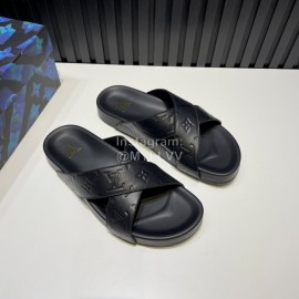 LV Summer Embossed Cowhide Cross Slippers For Men Black