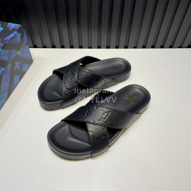 LV Summer Embossed Cowhide Cross Slippers For Men Black