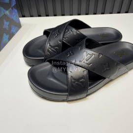 LV Summer Embossed Cowhide Cross Slippers For Men Black