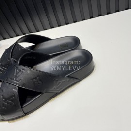 LV Summer Embossed Cowhide Cross Slippers For Men Black