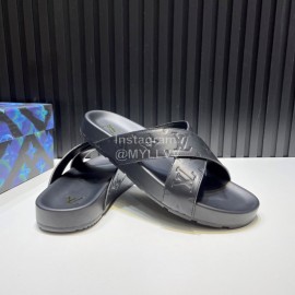 LV Summer Embossed Cowhide Cross Slippers For Men Black