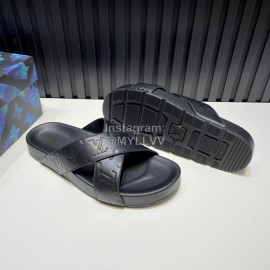 LV Summer Embossed Cowhide Cross Slippers For Men Black