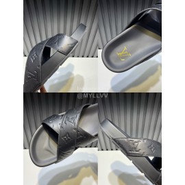 LV Summer Embossed Cowhide Cross Slippers For Men Black