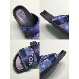 LV Calf Leather Ribbon Honolulu Slippers For Men Blue