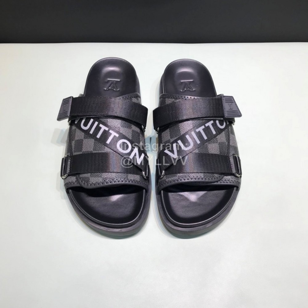 LV Calf Leather Ribbon Honolulu Slippers For Men Black