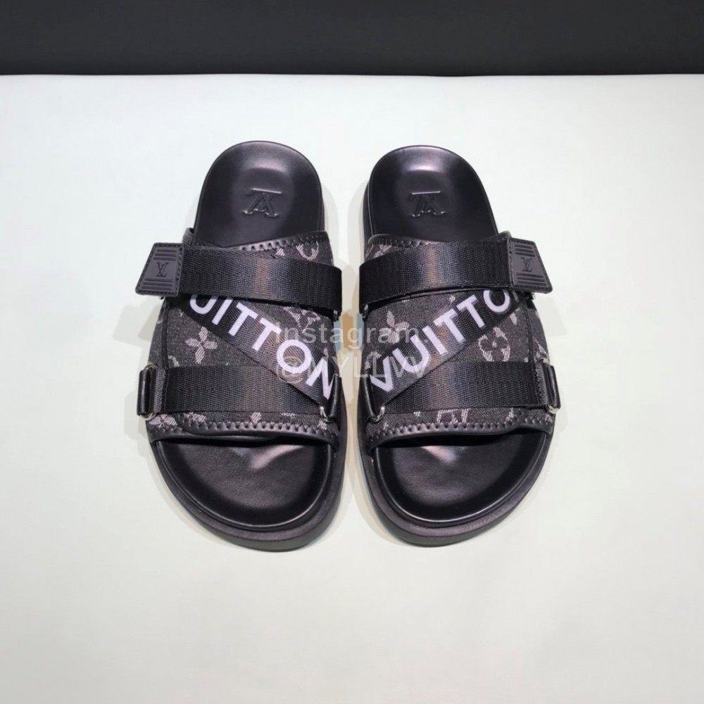 LV Black Calf Leather Ribbon Honolulu Slippers For Men