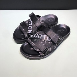 LV Black Calf Leather Ribbon Honolulu Slippers For Men
