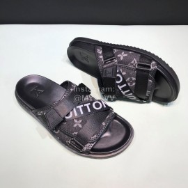 LV Black Calf Leather Ribbon Honolulu Slippers For Men