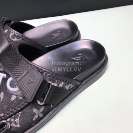 LV Black Calf Leather Ribbon Honolulu Slippers For Men