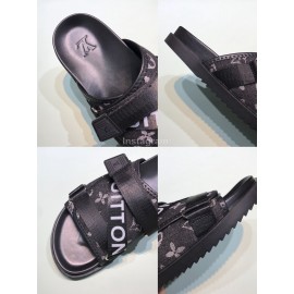 LV Black Calf Leather Ribbon Honolulu Slippers For Men