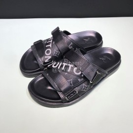 LV Calf Leather Ribbon Black Honolulu Slippers For Men