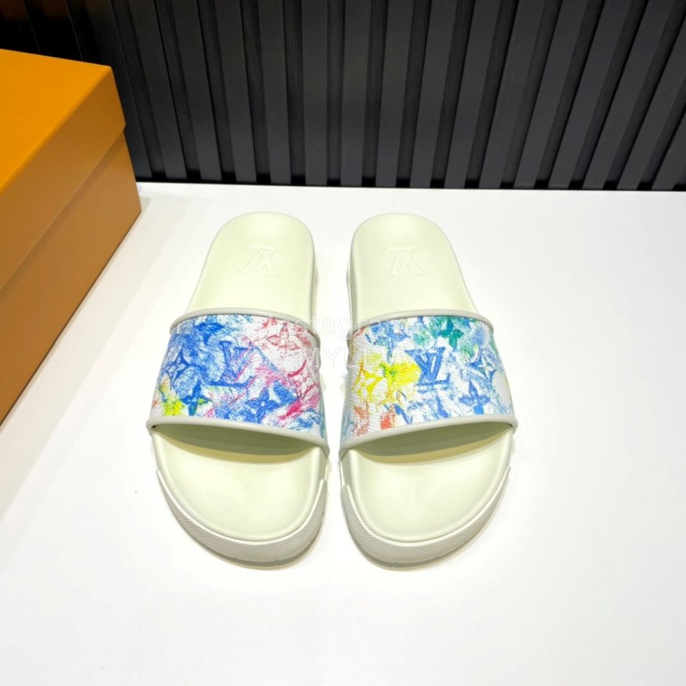 LV Summer Printed Calf Leather Slippers For Men White
