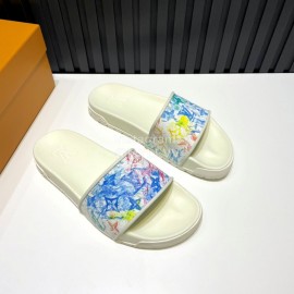 LV Summer Printed Calf Leather Slippers For Men White