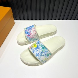 LV Summer Printed Calf Leather Slippers For Men White