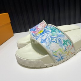 LV Summer Printed Calf Leather Slippers For Men White