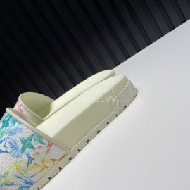 LV Summer Printed Calf Leather Slippers For Men White