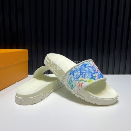LV Summer Printed Calf Leather Slippers For Men White