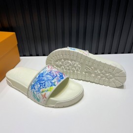 LV Summer Printed Calf Leather Slippers For Men White