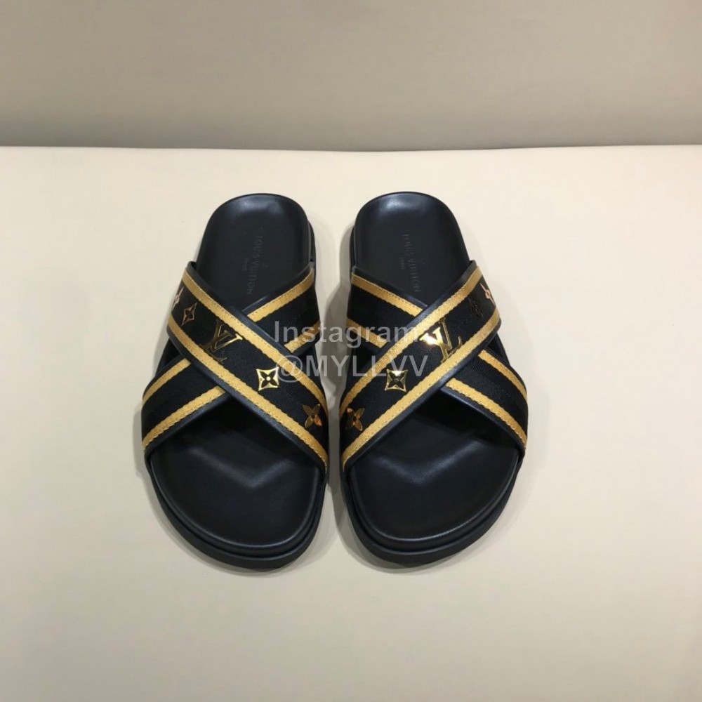 LV Cowhide Monogram Ribbon Cross Slippers For Men