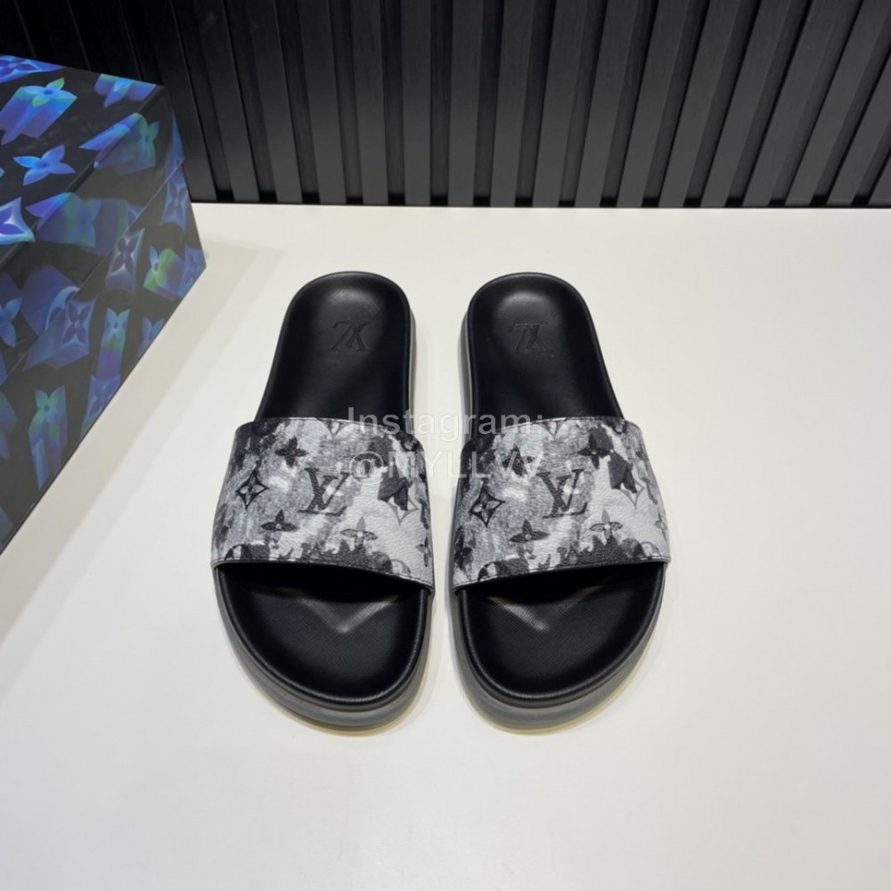 LV Cowhide Monogram Slippers For Men Black