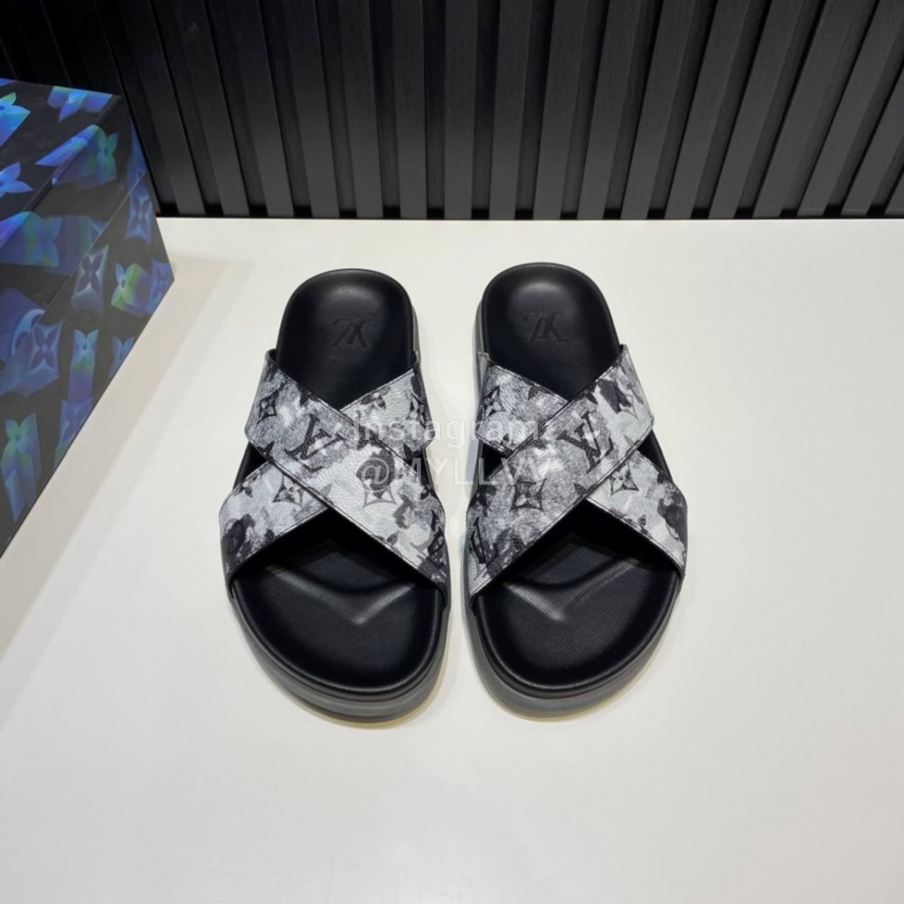 LV Cowhide Monogram Cross Slippers For Men Black