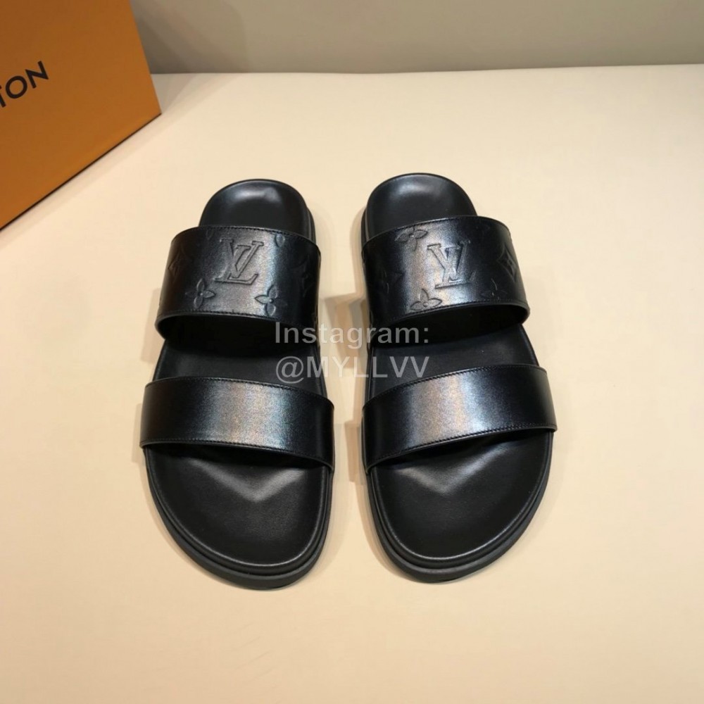 LV Black Monogram Embossed Calf Leather Slippers For Men