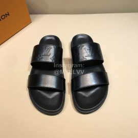 LV Black Monogram Embossed Calf Leather Slippers For Men